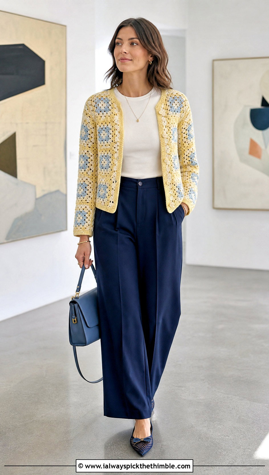 Granny Square Crochet Cardigan With Tailored Trousers - 20 diy crochet cardigan outfit ideas