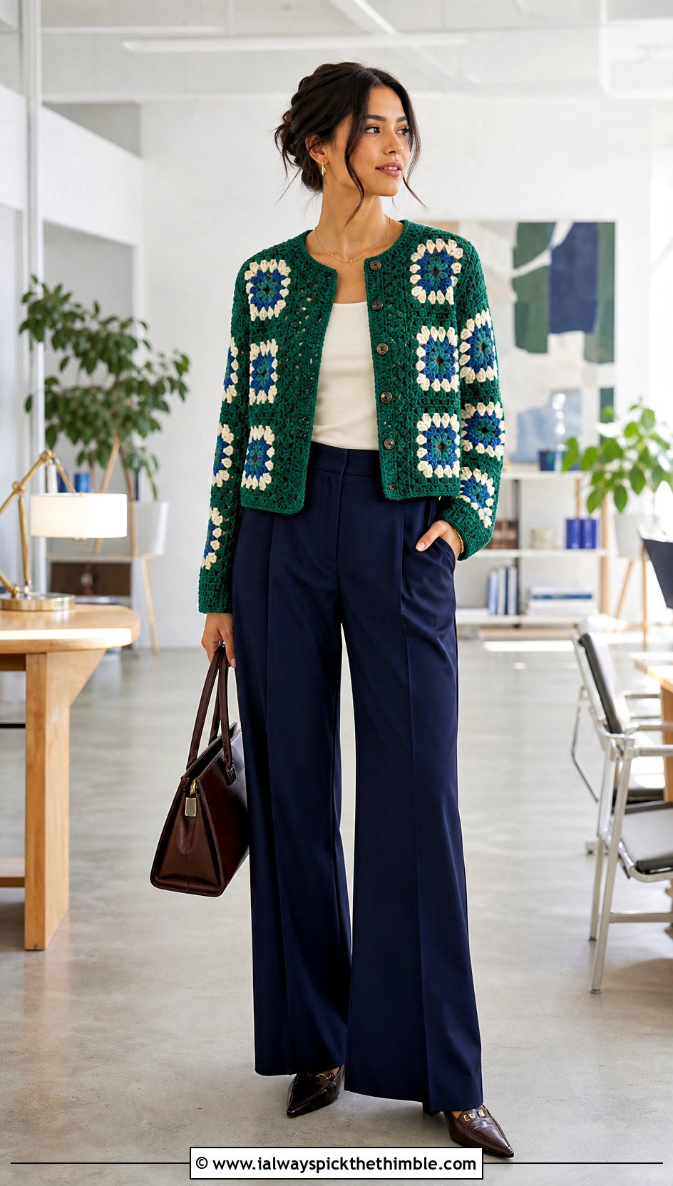 Granny Square Crochet Cardigan With Tailored Trousers - 20 lightweight crochet cardigan outfit ideas