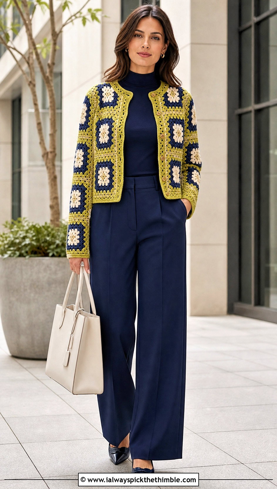Granny Square Crochet Cardigan With Tailored Trousers - 20 crochet clothes for winter outfit ideas