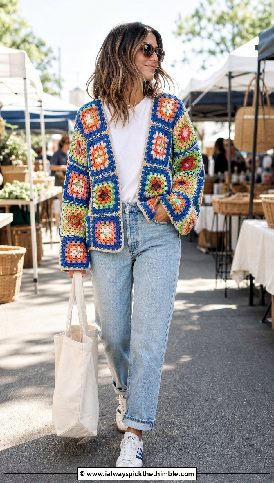 Granny Square Crochet Cardigan With White T Shirt And Denim - 25 beginner crochet cardigan outfit ideas