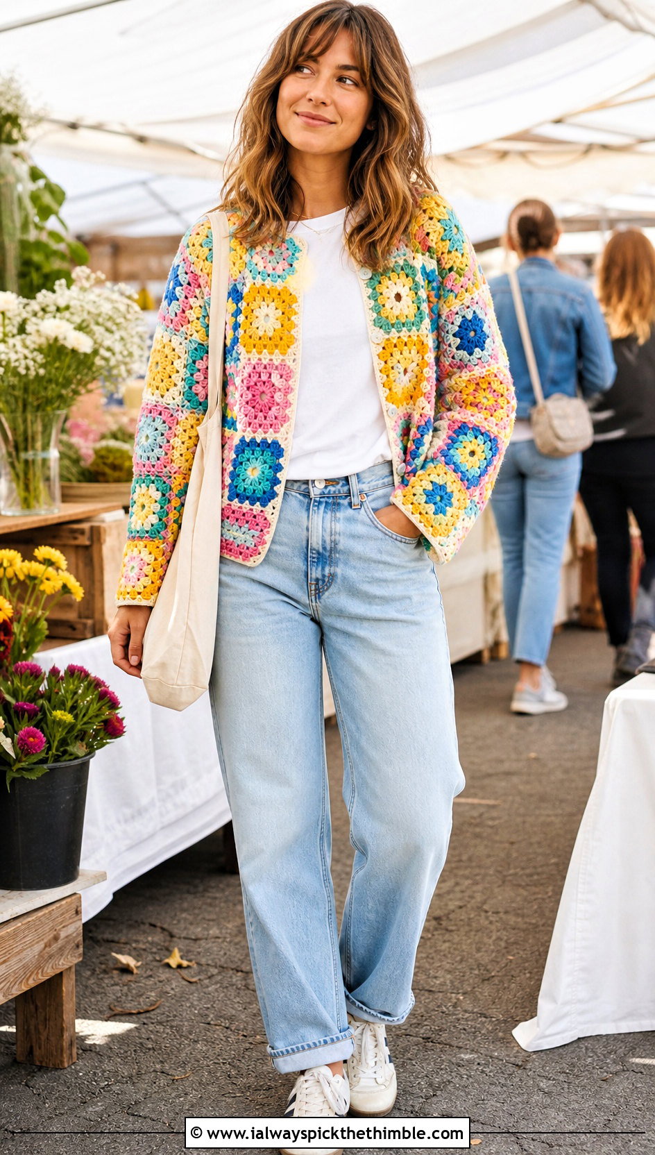 Granny Square Crochet Cardigan With White T Shirt And Jeans - 25 easy crochet cardigan outfit ideas
