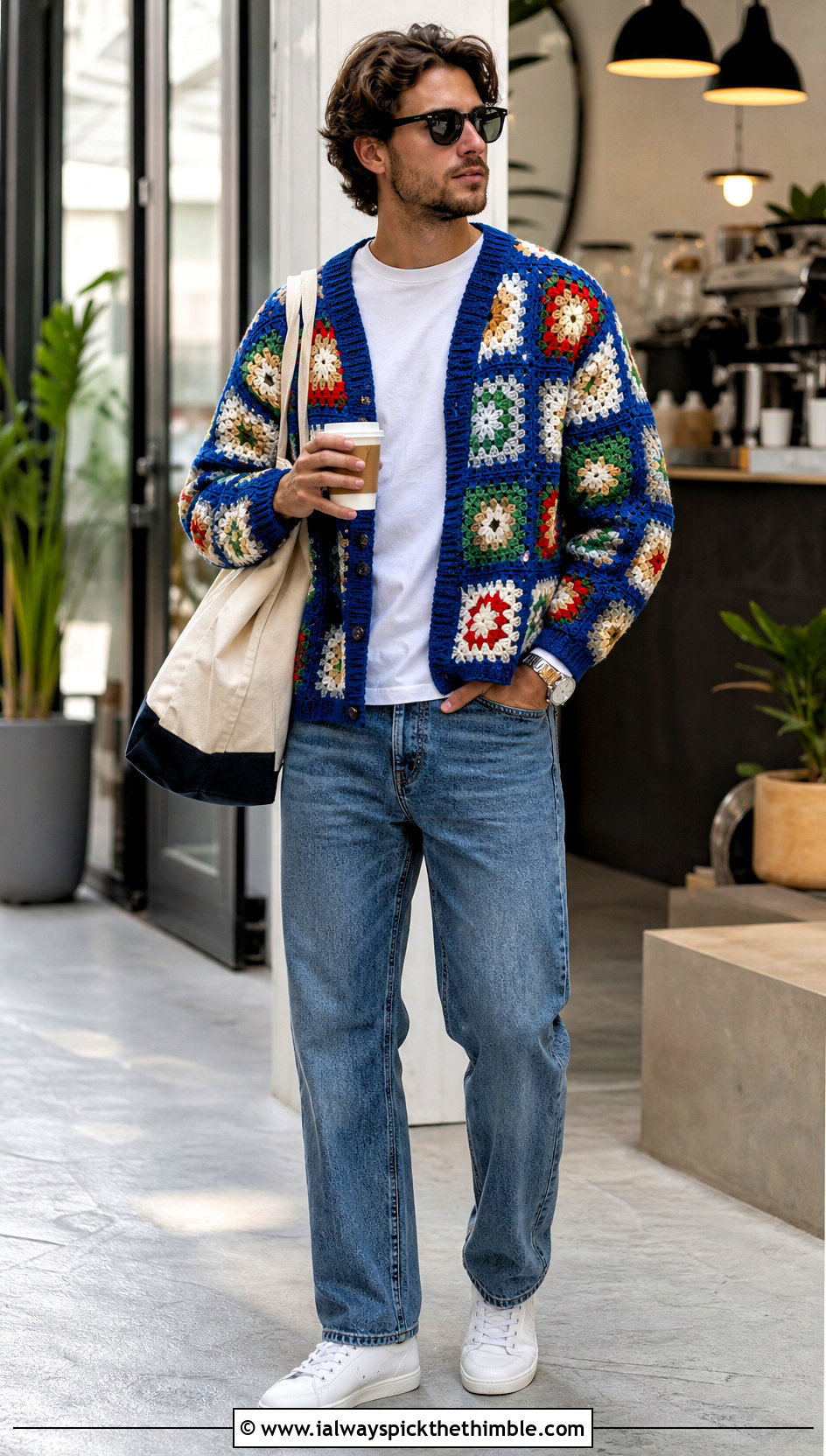 Granny Square Crochet Cardigan With White Tee And Jeans - 25 mens crochet cardigan outfit ideas