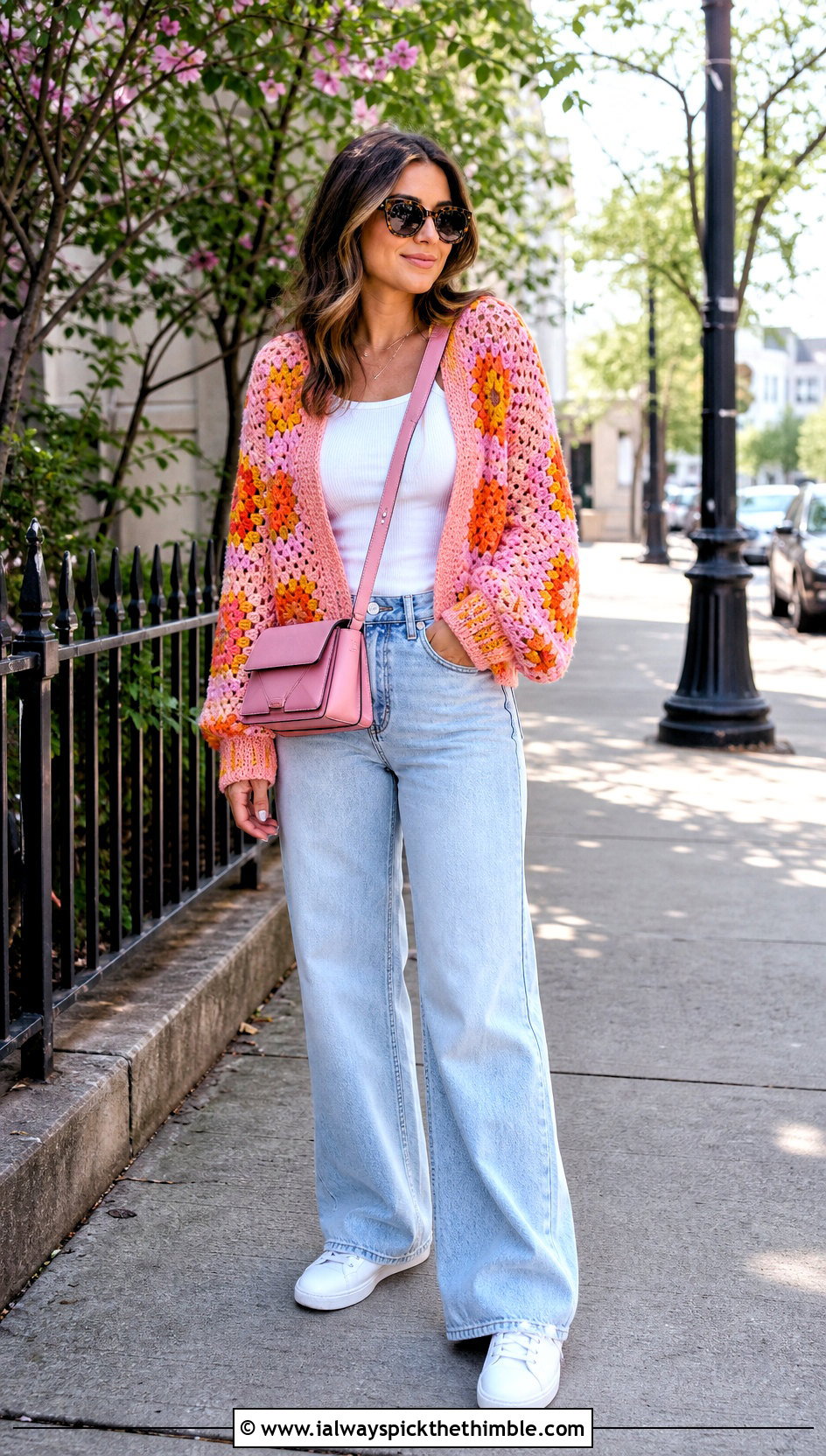 Granny Square Crochet Cardigan With Wide Leg Jeans - 25 whimsical crochet clothes and outfit ideas