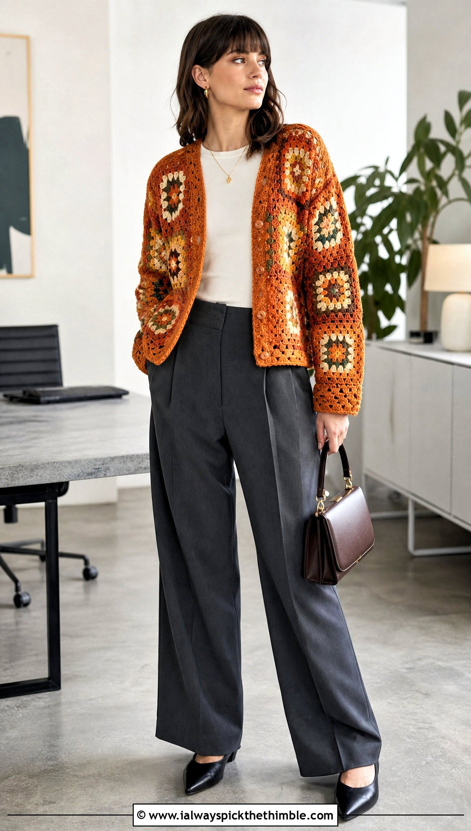 Granny Square Crochet Cardigan With Wide Leg Trousers - 20 crochet for ladies cardigans outfit ideas