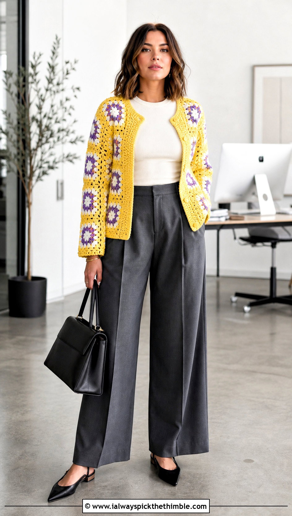 Granny Square Crochet Cardigan With Wide Leg Trousers - 20 loose crochet cardigan outfit ideas