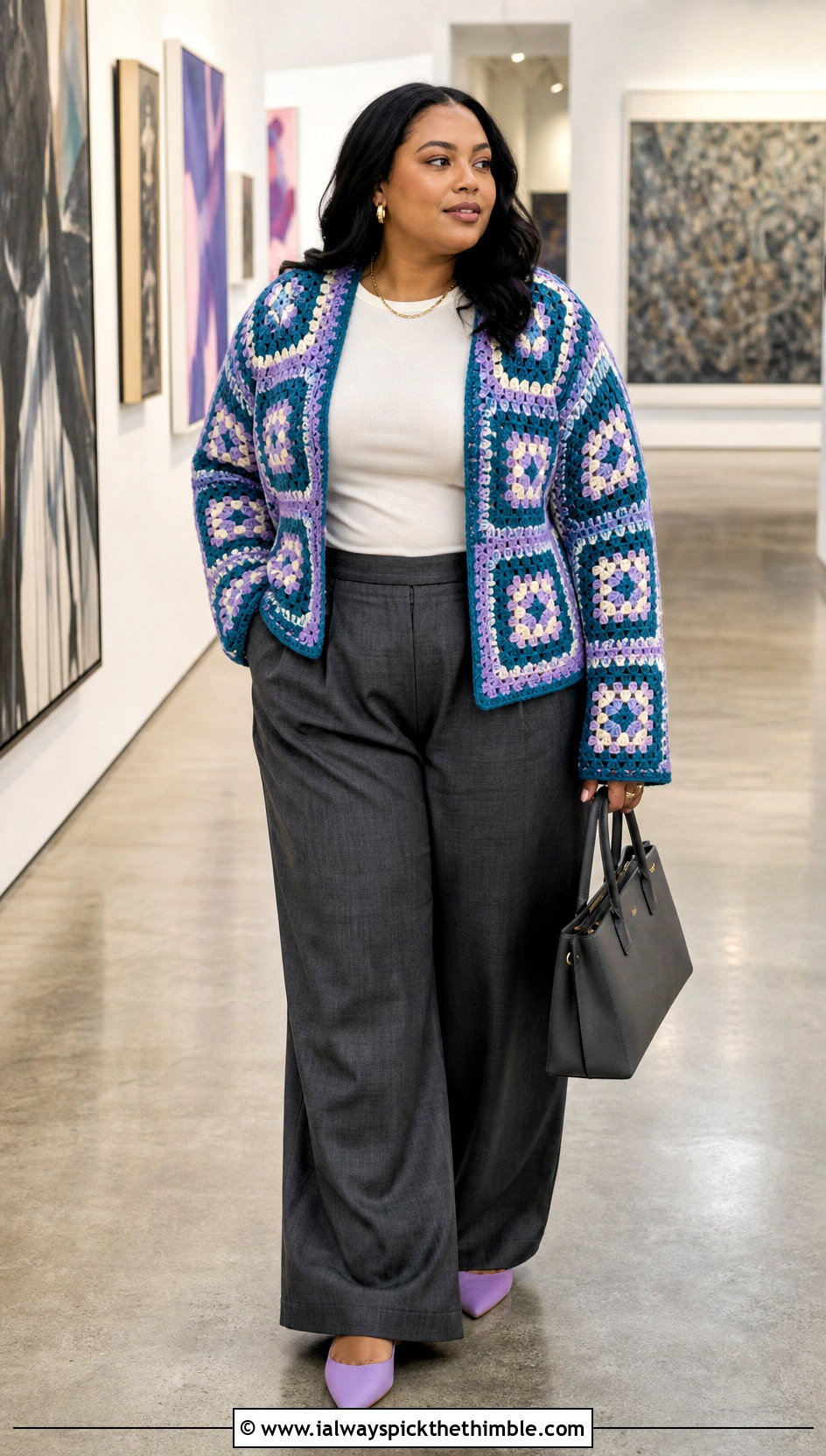 Granny Square Crochet Cardigan With Wide Leg Trousers - 20 basic crochet cardigan outfit ideas
