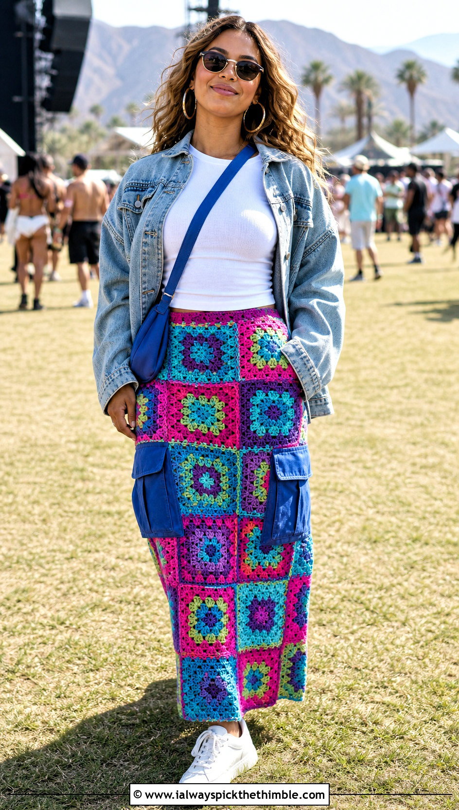Granny Square Crochet Cargo Skirt With Denim Jacket - 25 crochet cargo skirt outfit ideas