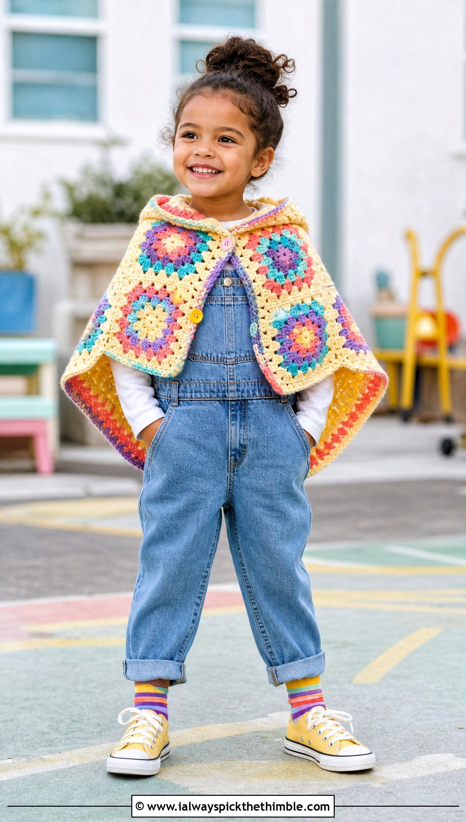 Granny Square Crochet Carseat Poncho With Denim Overalls - 20 Crochet Carseat Poncho outfit ideas