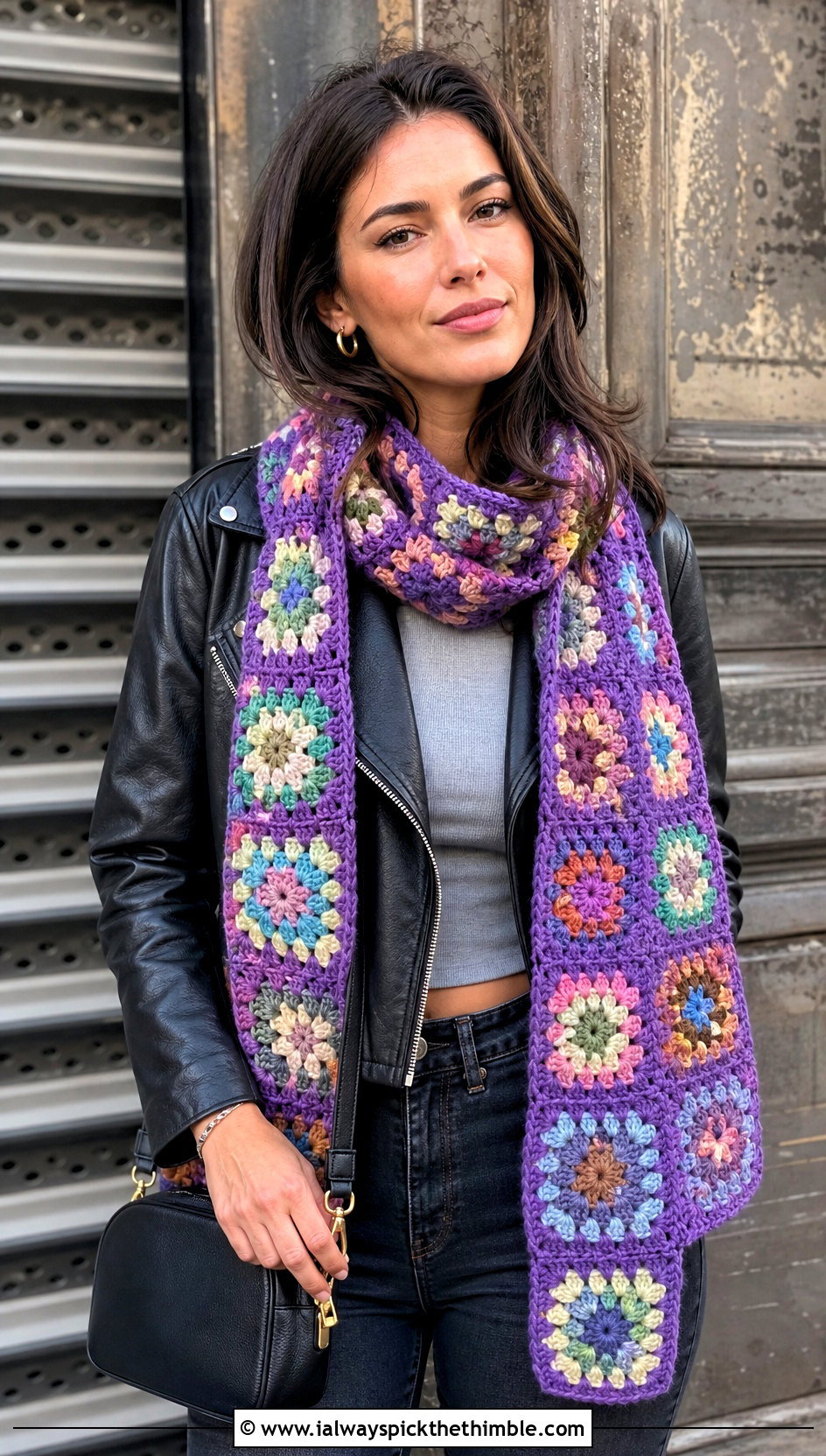 Granny Square Crochet Cashmere Scarf With Leather Jacket - 20 crochet cashmere scarf outfit ideas
