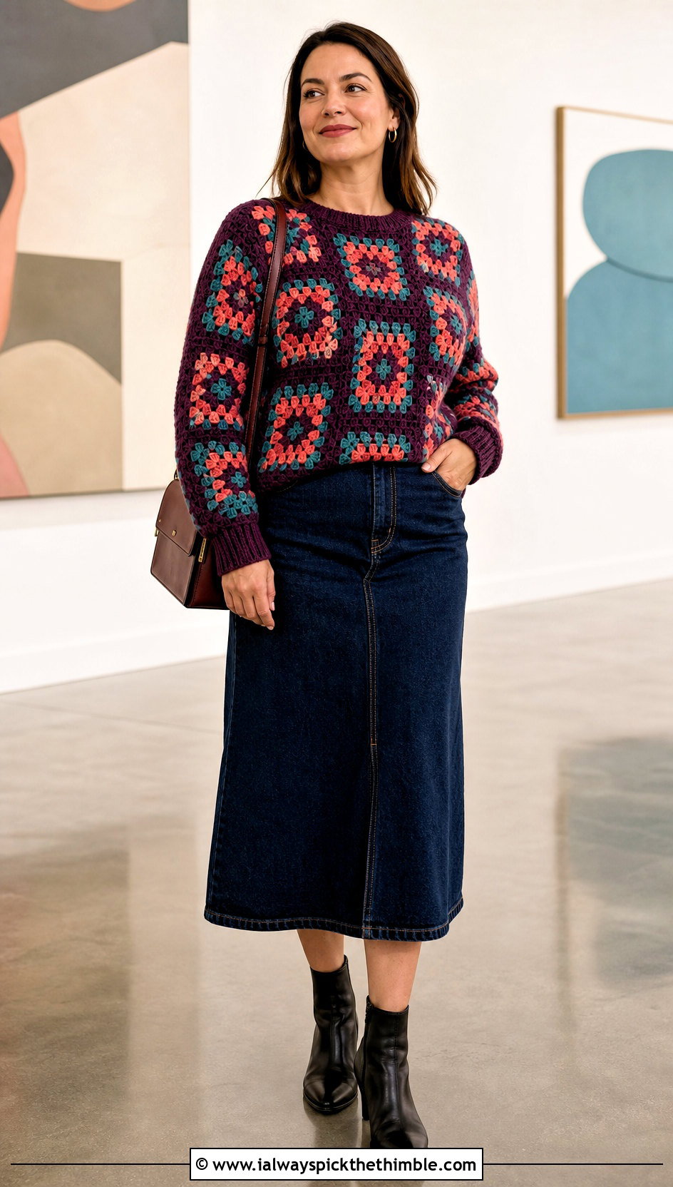 Granny Square Crochet Cashmere Sweater With Denim Midi Skirt - 20 crochet cashmere sweater outfit ideas