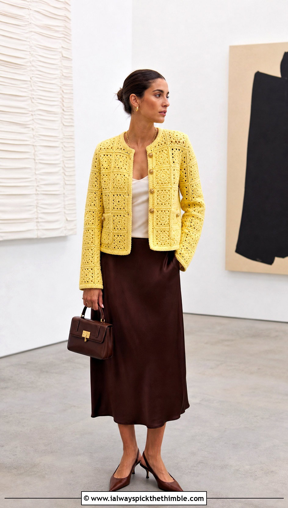 Granny Square Crochet Chanel Jacket With Satin Slip Skirt - 20 crochet chanel jacket outfit ideas