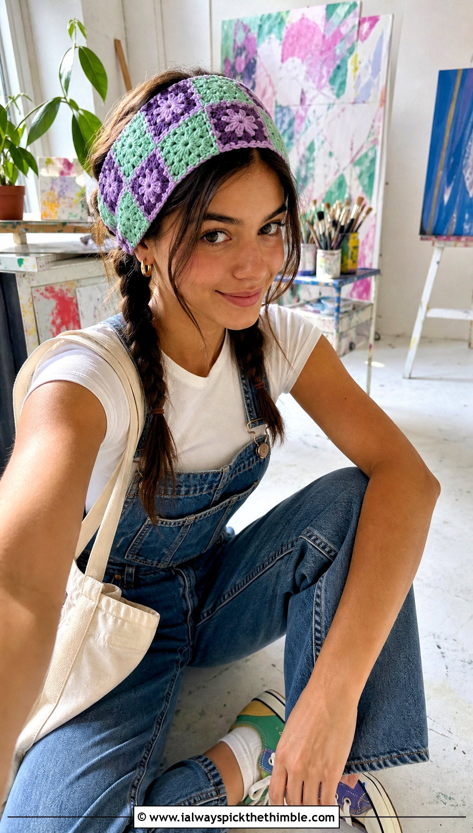 Granny Square Crochet Checkered Headband With Denim Overalls - 20 crochet checkered headband outfit ideas