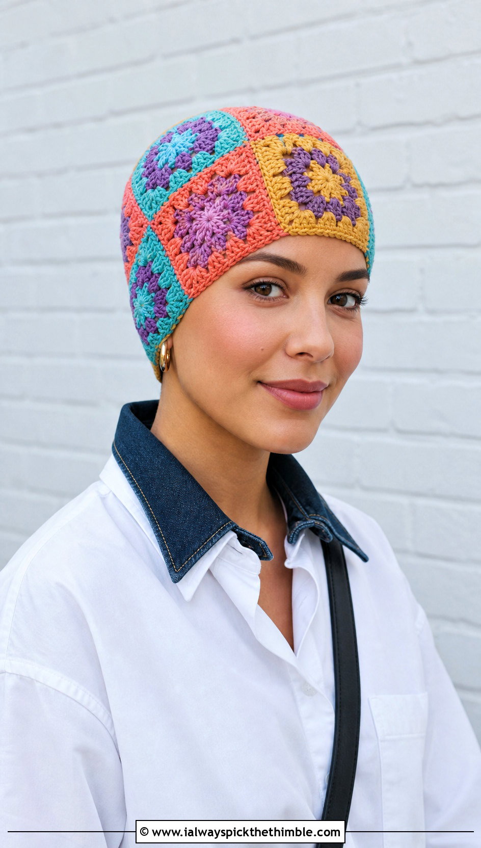 Granny Square Crochet Chemo Cap With White Shirt - 25 crochet chemo caps outfit ideas
