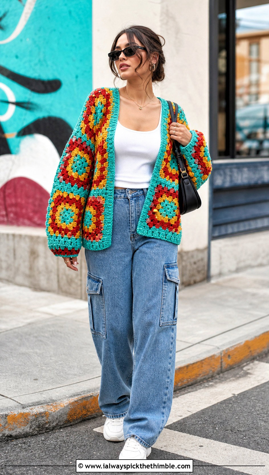 Granny Square Crochet Chenille Cardigan With Cargo Jeans - 20 crochet chenille cardigan outfit ideas