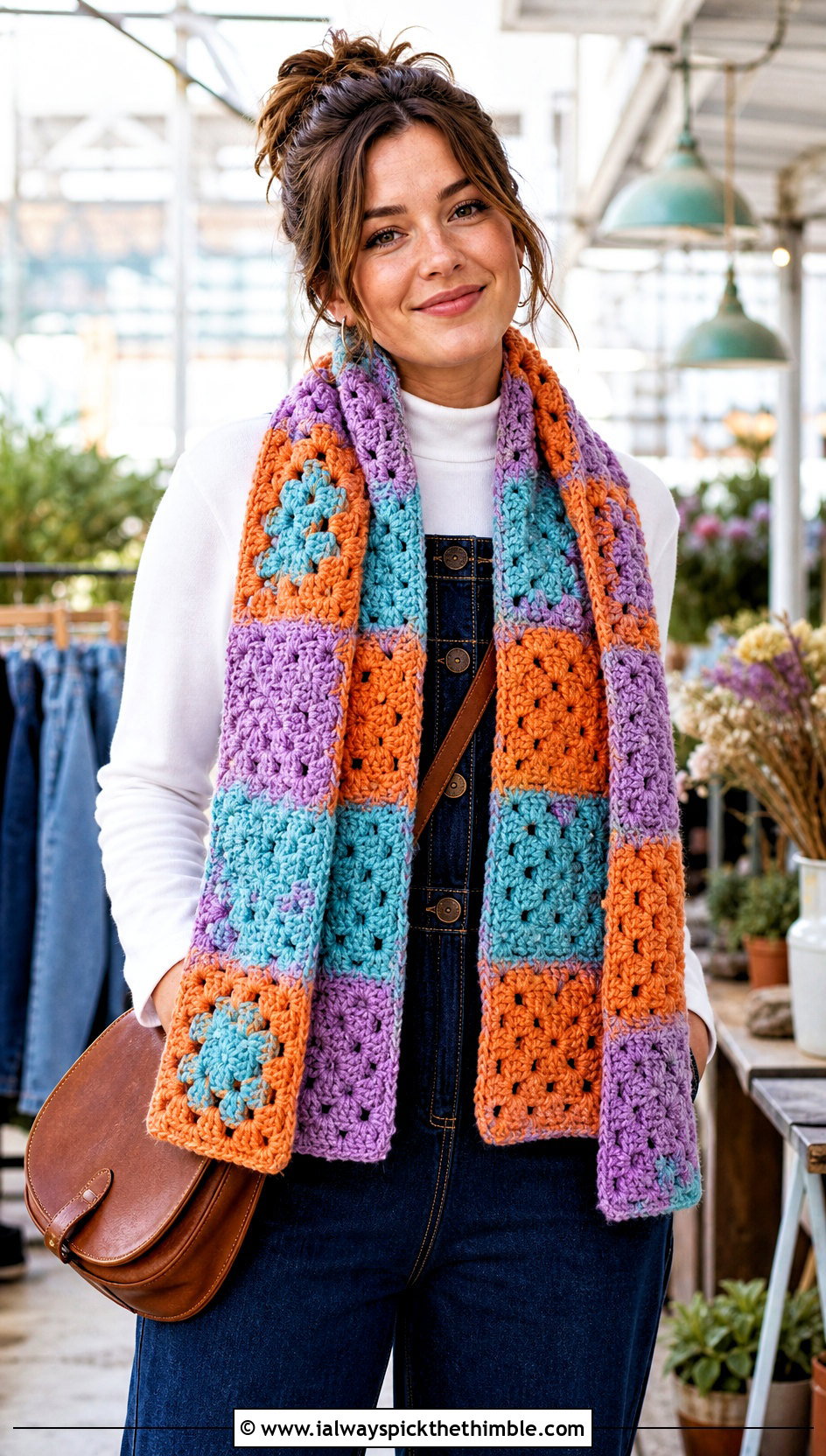Granny Square Crochet Chenille Scarf With Denim Jumpsuit - 20 crochet chenille scarf outfit ideas