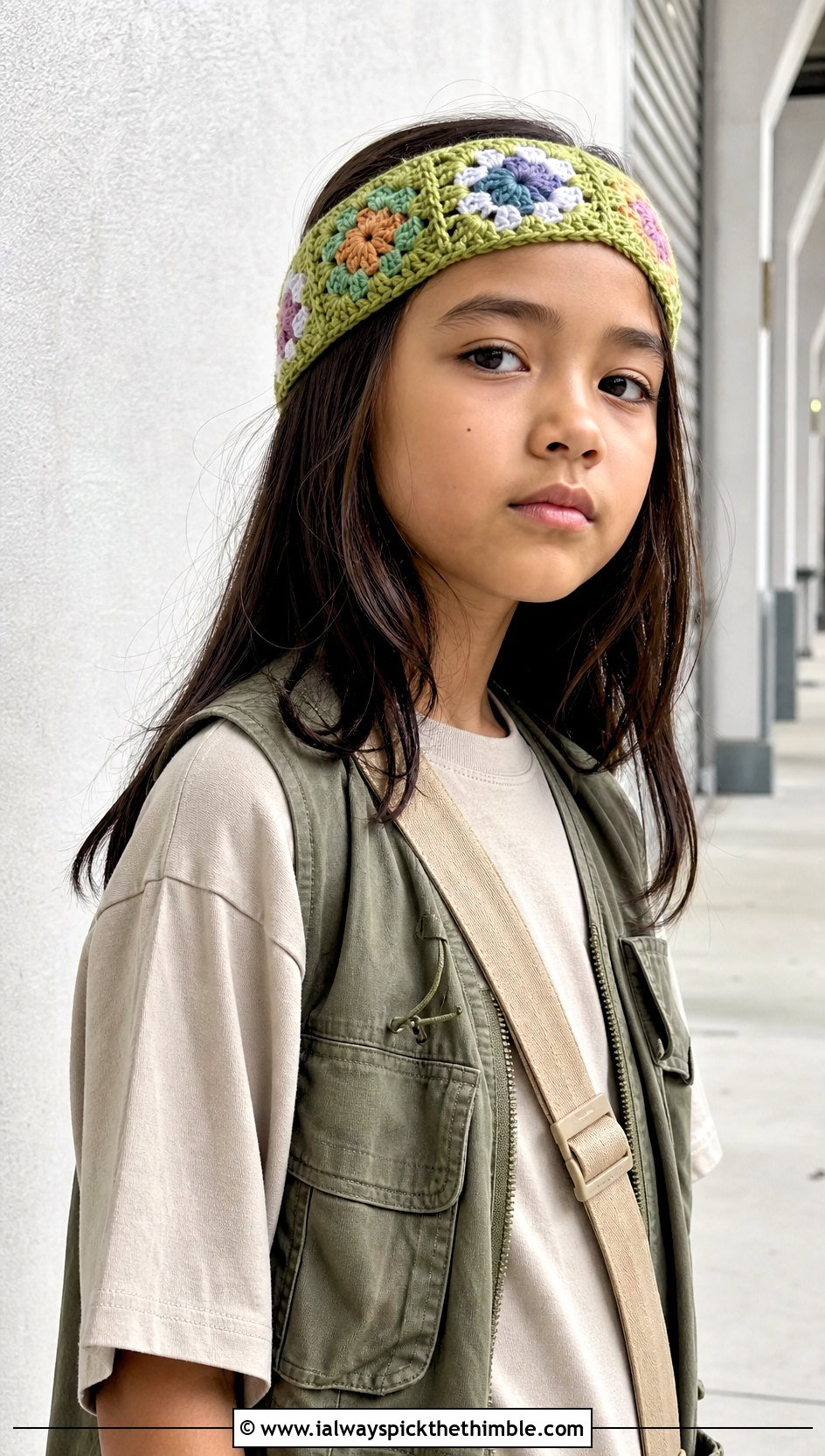 Granny Square Crochet Childs Headband With Cargo Pants - 20 Crochet Childs Headband outfit ideas