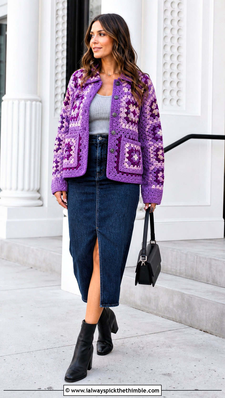 Granny Square Crochet Chore Jacket With Denim Midi Skirt - 15 Granny Square Crochet Coats & Jackets outfit ideas