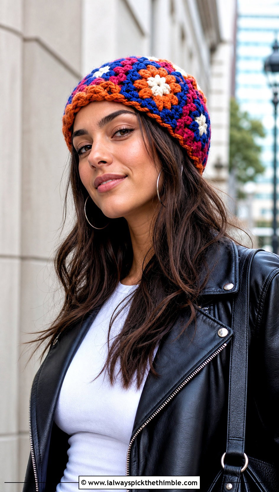 Granny Square Crochet Chunky Beanie With Leather Jacket And Jeans - 25 crochet chunky beanie outfit ideas