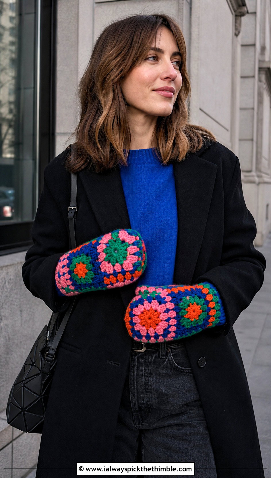 Granny Square Crochet Chunky Mittens With Minimalist Coat And Jeans - 20 crochet chunky mittens outfit ideas