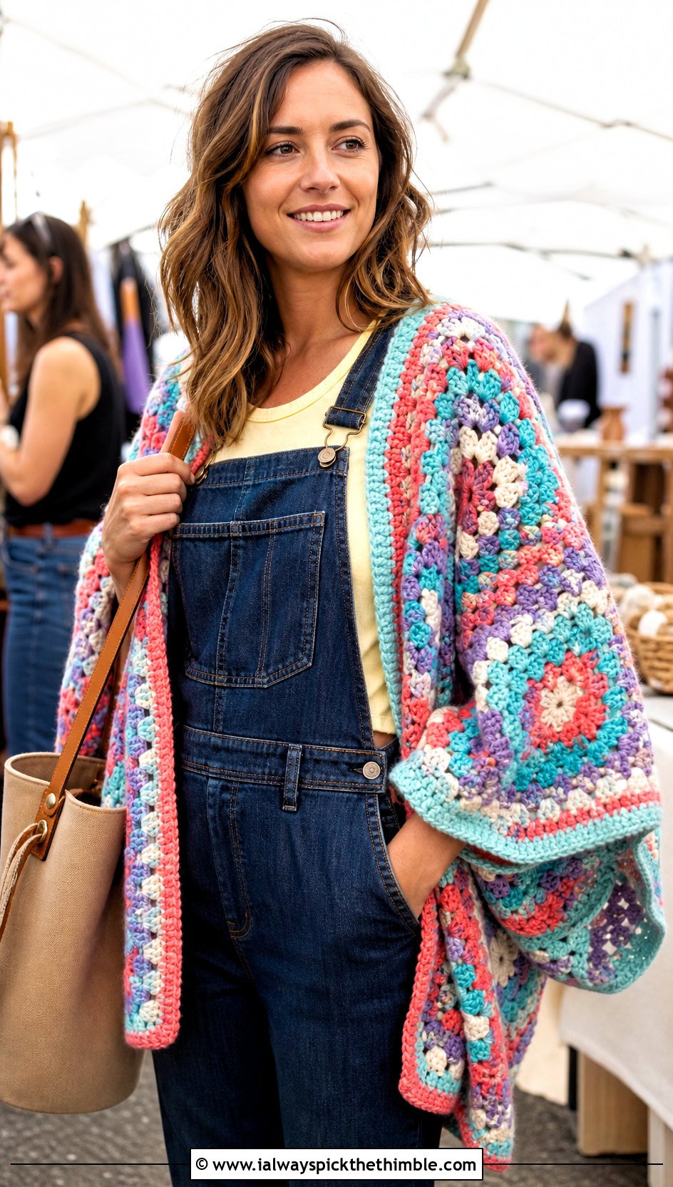 Granny Square Crochet Chunky Shawl With Denim Overalls - 20 Crochet Chunky Shawl outfit ideas