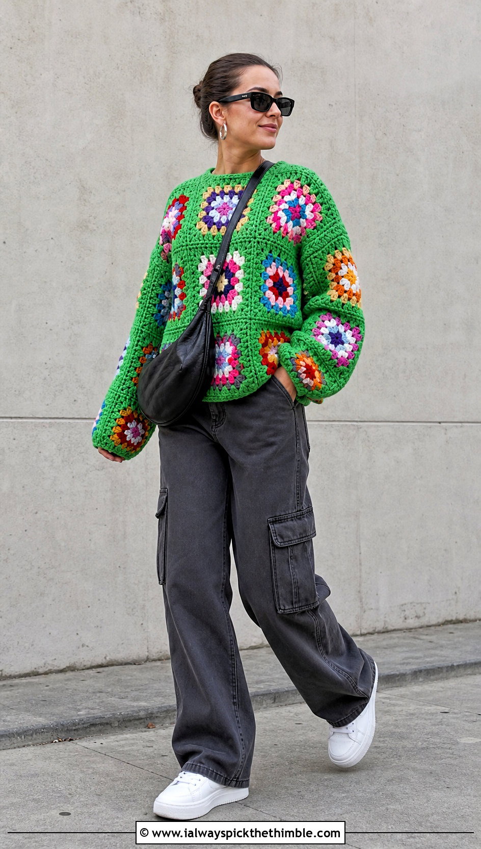 Granny Square Crochet Chunky Sweater With Cargo Pants And Sneakers - 25 crochet chunky sweater outfit ideas