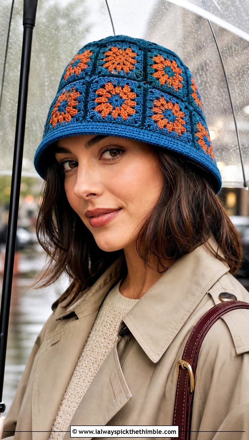 Granny Square Crochet Cloche Bucket Hat With Trench Coat And Trousers - 25 granny square crochet bucket hat outfit ideas