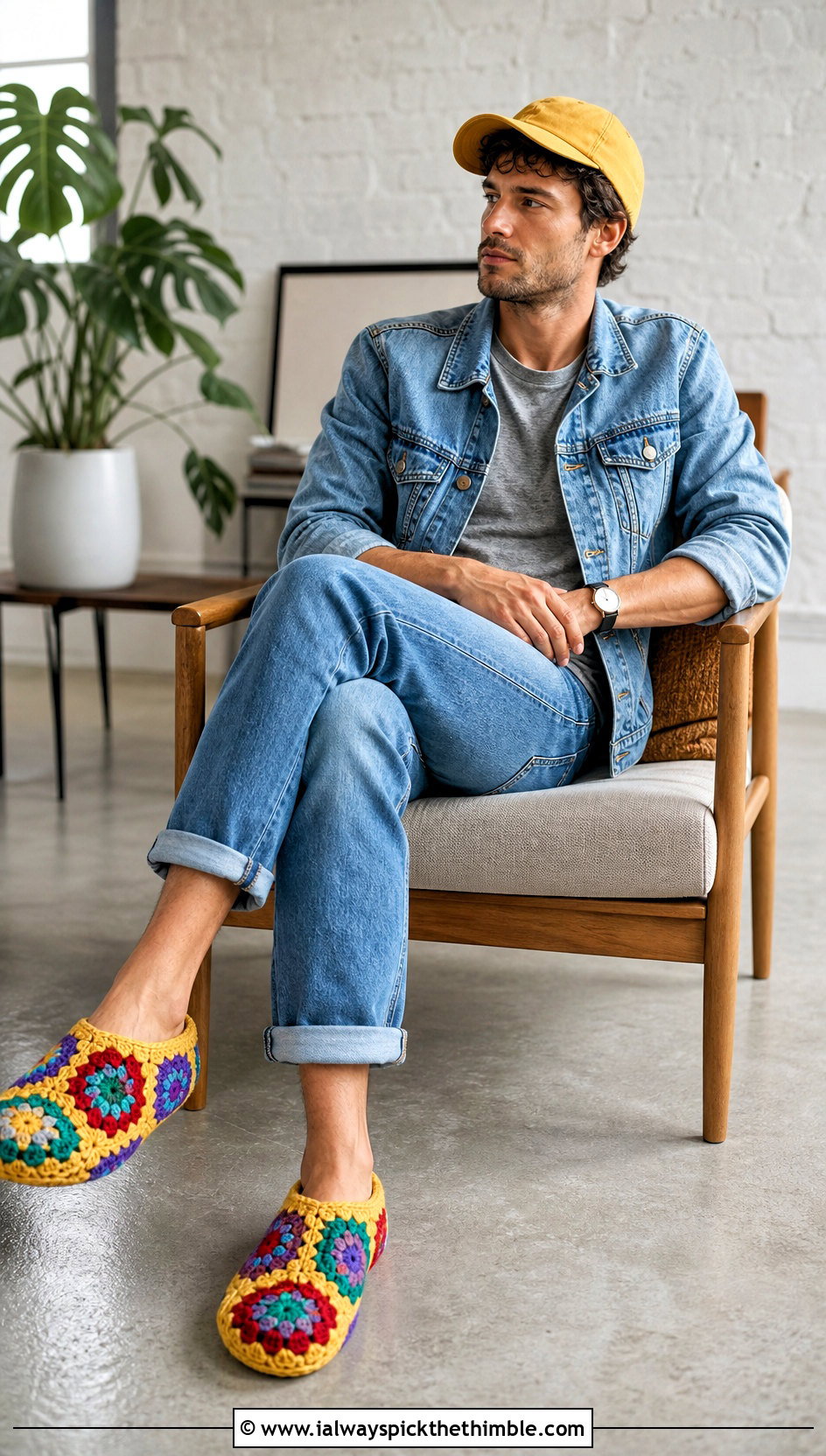 Granny Square Crochet Clog Slippers With Denim Jacket - 25 mens crochet slippers outfit ideas