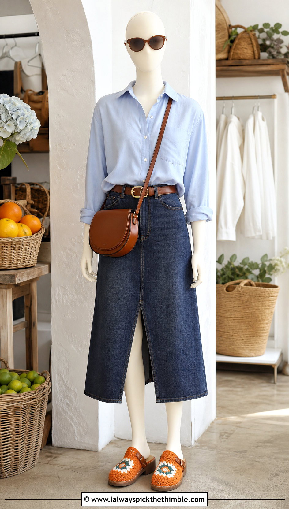 Granny Square Crochet Clogs With A Denim Midi Skirt - 15 crochet slip-on shoes on mannequin outfit ideas