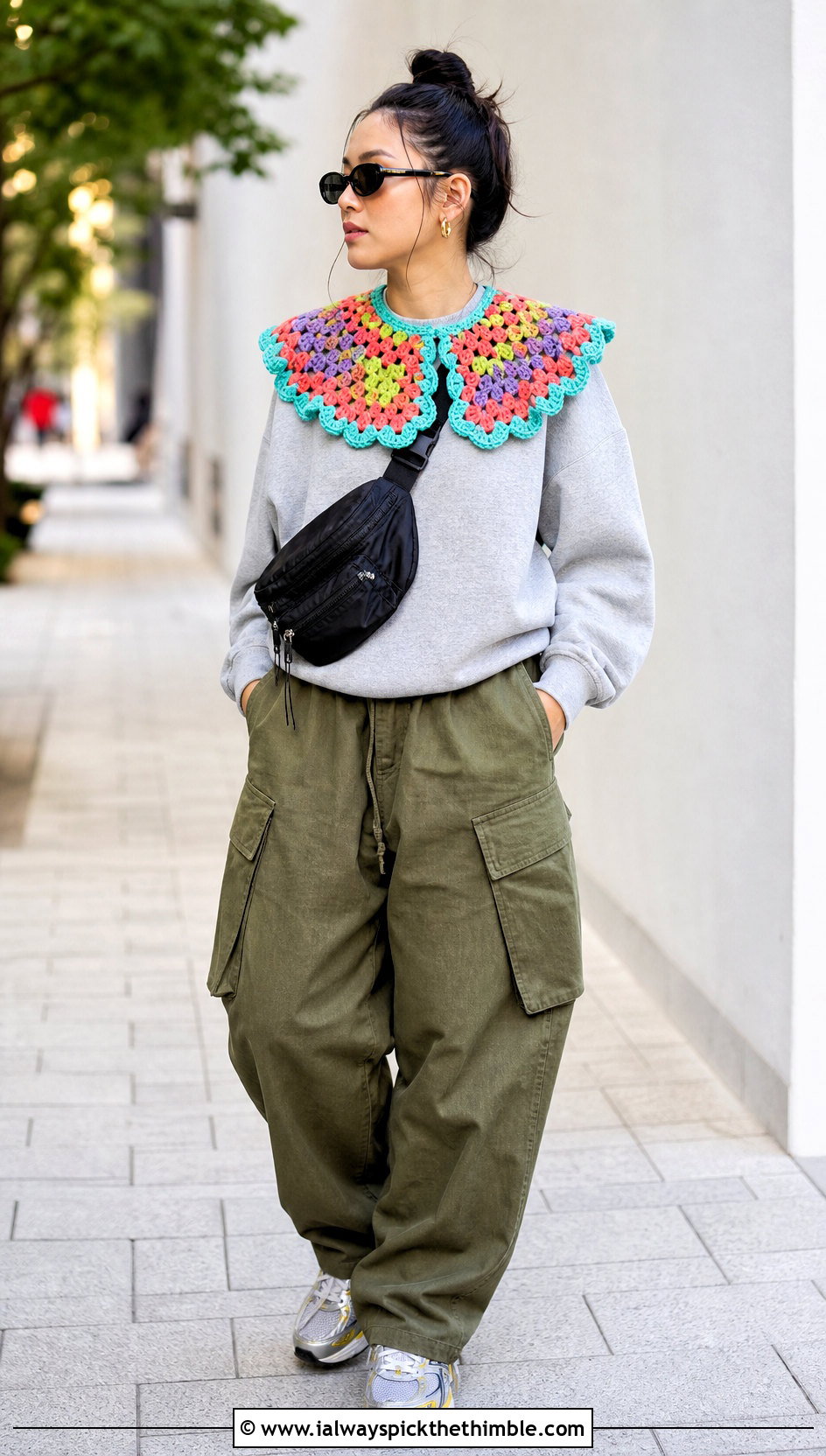 Granny Square Crochet Clown Collar With Sweatshirt And Cargo Pants - 25 crochet clown collar outfit ideas