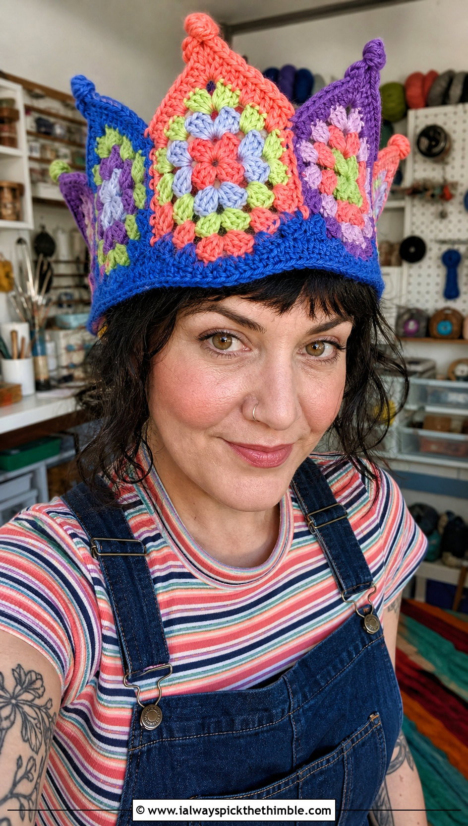 Granny Square Crochet Clown Hat With Overalls - 20 crochet clown hat outfit ideas