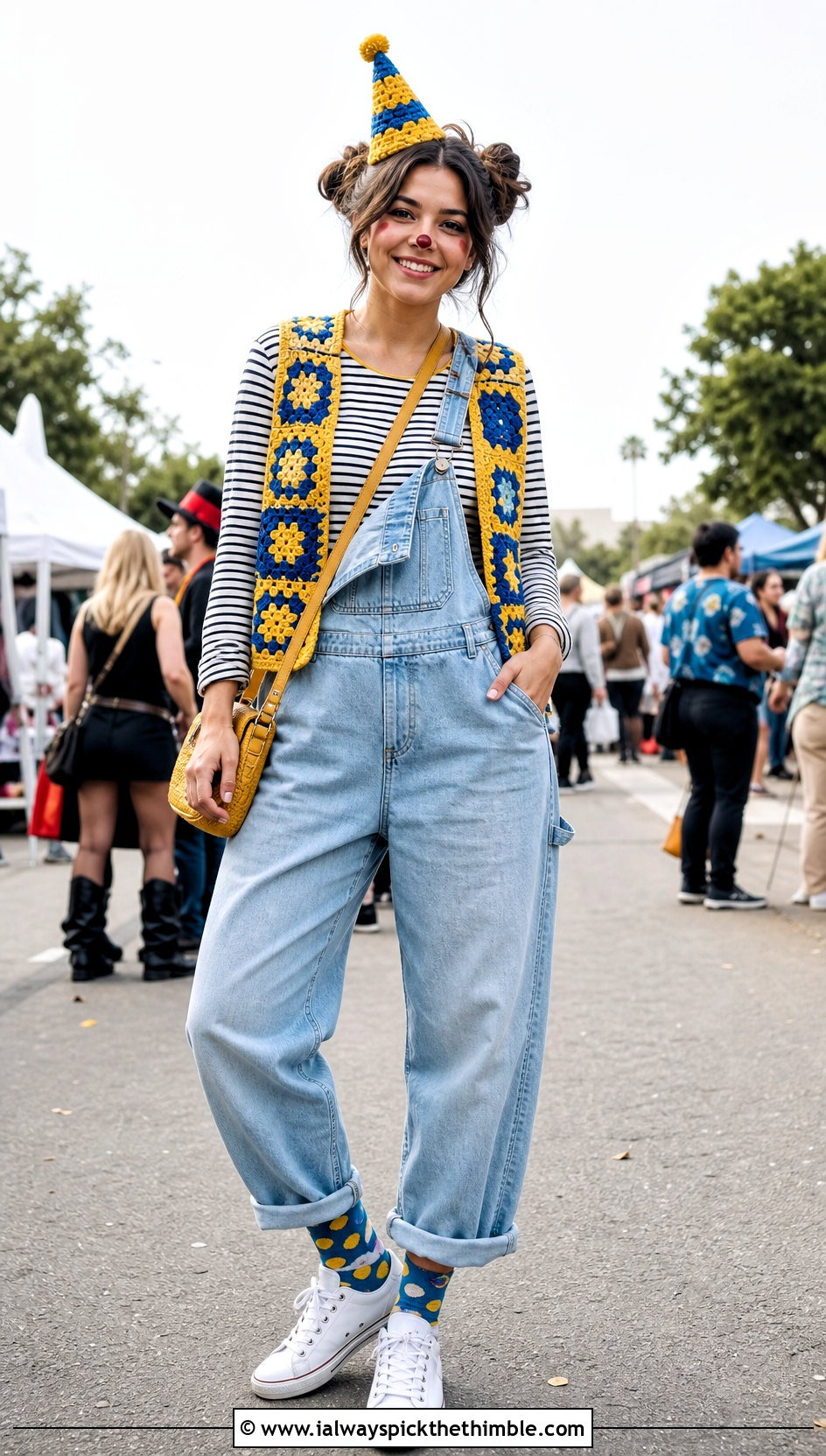 Granny Square Crochet Clown Vest With Denim Overalls - 25 crochet clown costume outfit ideas