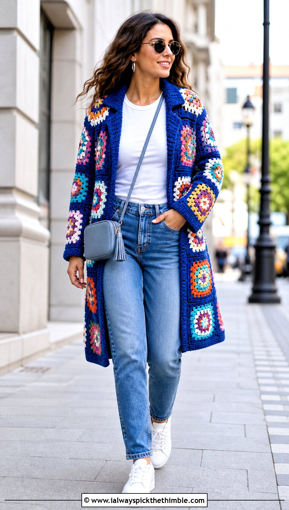Granny Square Crochet Coat With Straight Leg Jeans - 20 Crochet Coat For Women outfit ideas