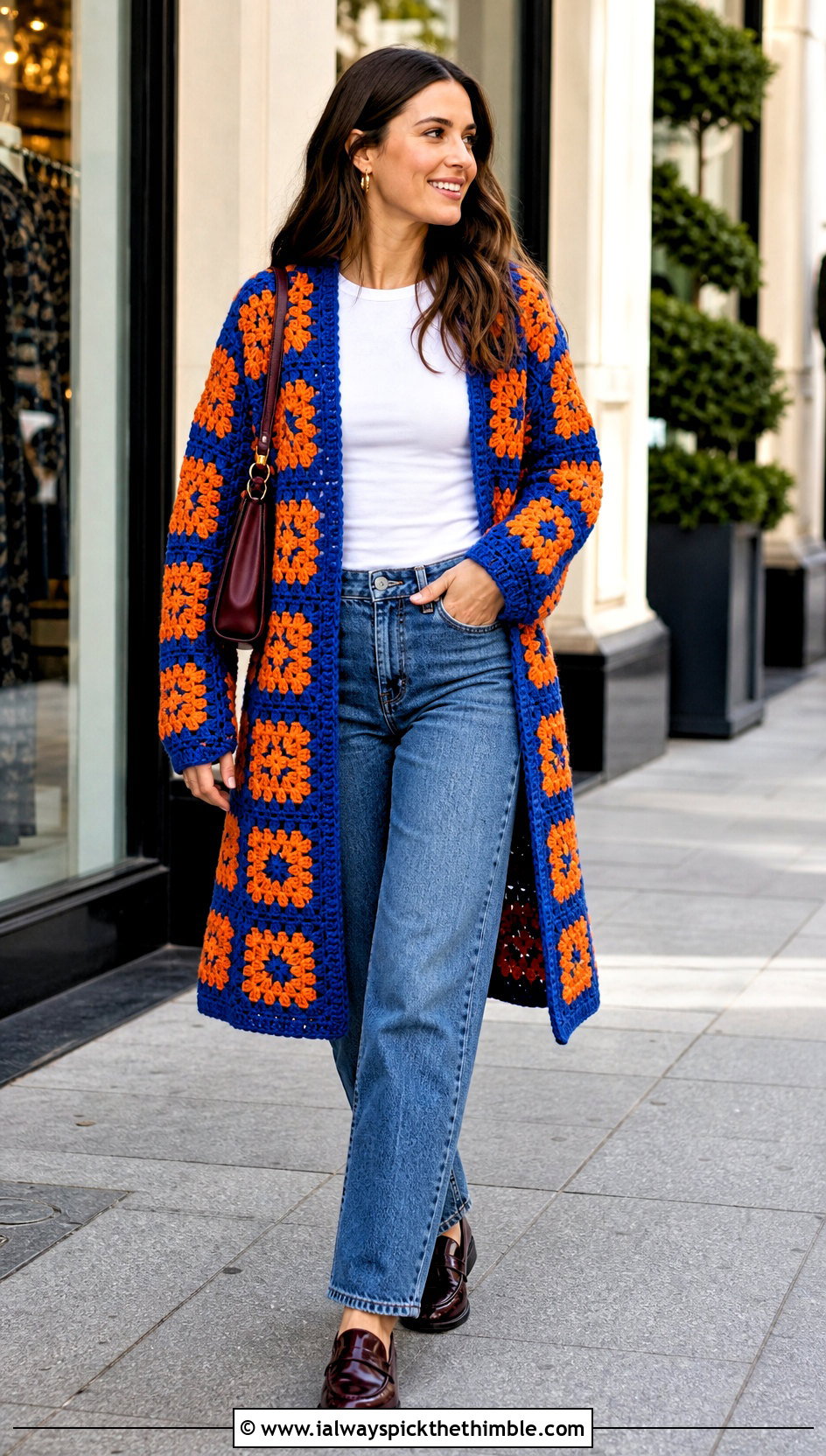 Granny Square Crochet Coat With Straight Leg Jeans - 20 women crochet coat outfit ideas
