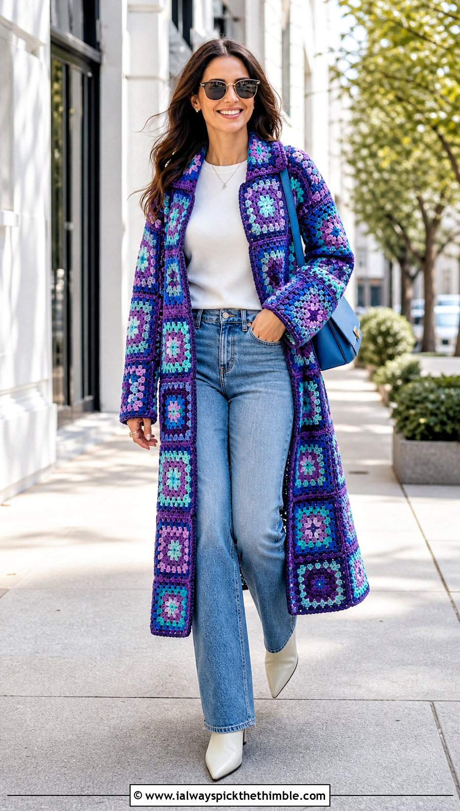 Granny Square Crochet Coat With Straight Leg Jeans - 25 crochet coats outfit ideas
