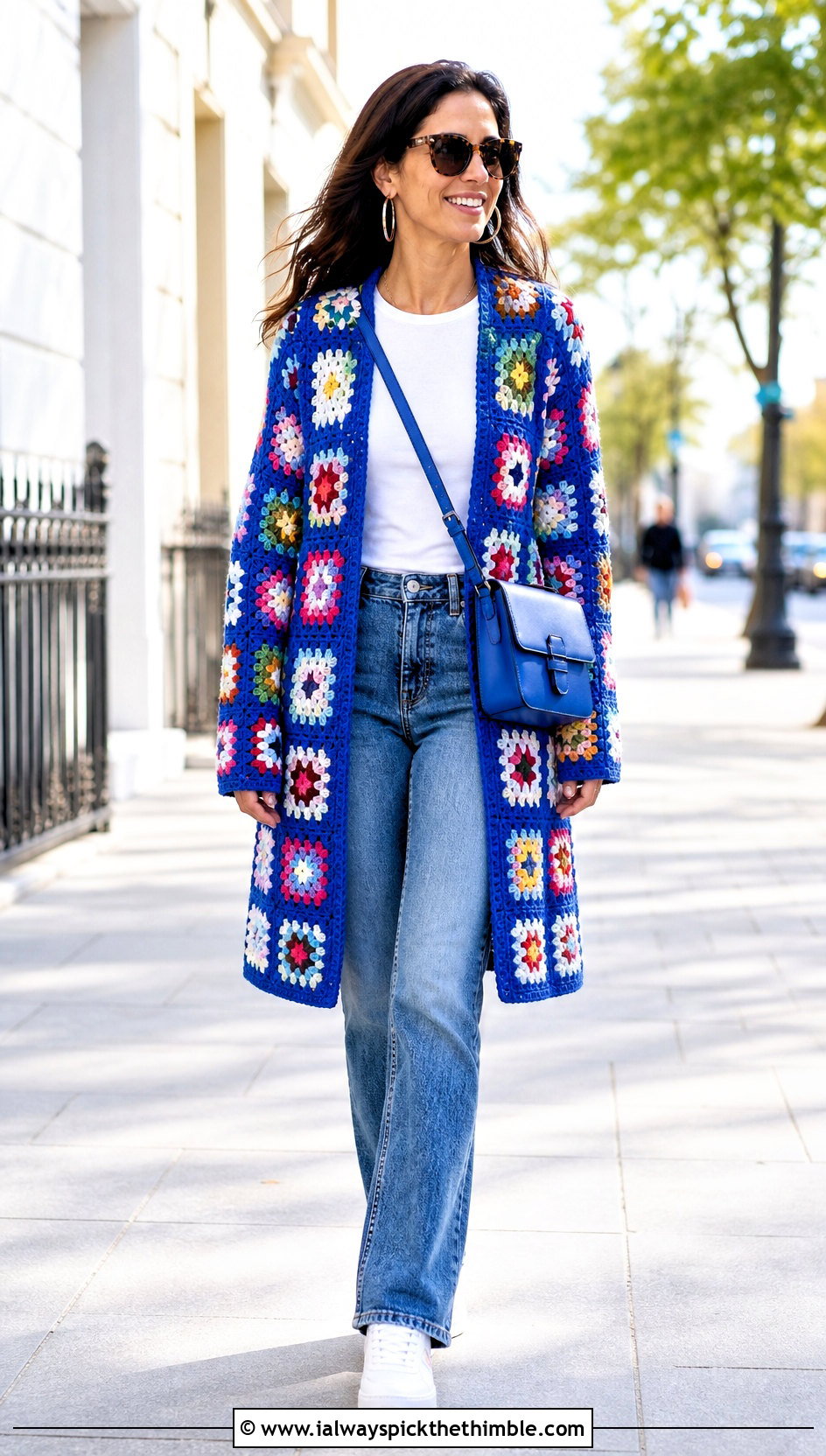 Granny Square Crochet Coat With Straight Leg Jeans - 15 beginner crochet coat outfit ideas
