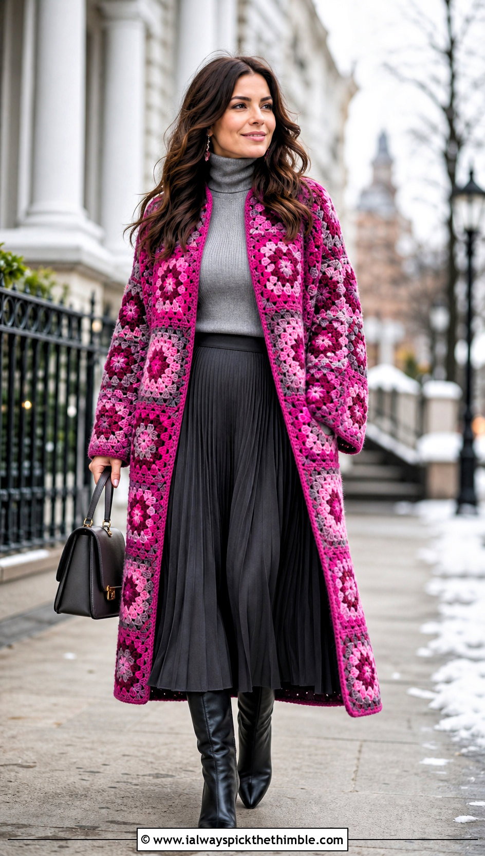 Granny Square Crochet Coatigan Duster With Pleated Midi Skirt - 15 Granny Square Crochet Duster outfit ideas