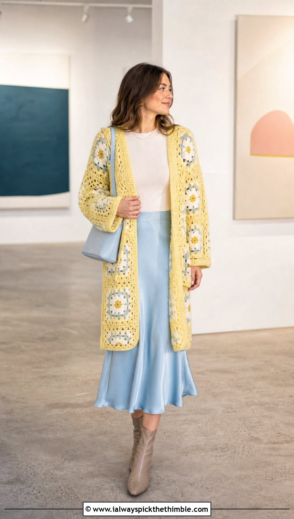 Granny Square Crochet Coatigan With Satin Midi Skirt - 15 Granny Square Crochet Coats & Jackets outfit ideas