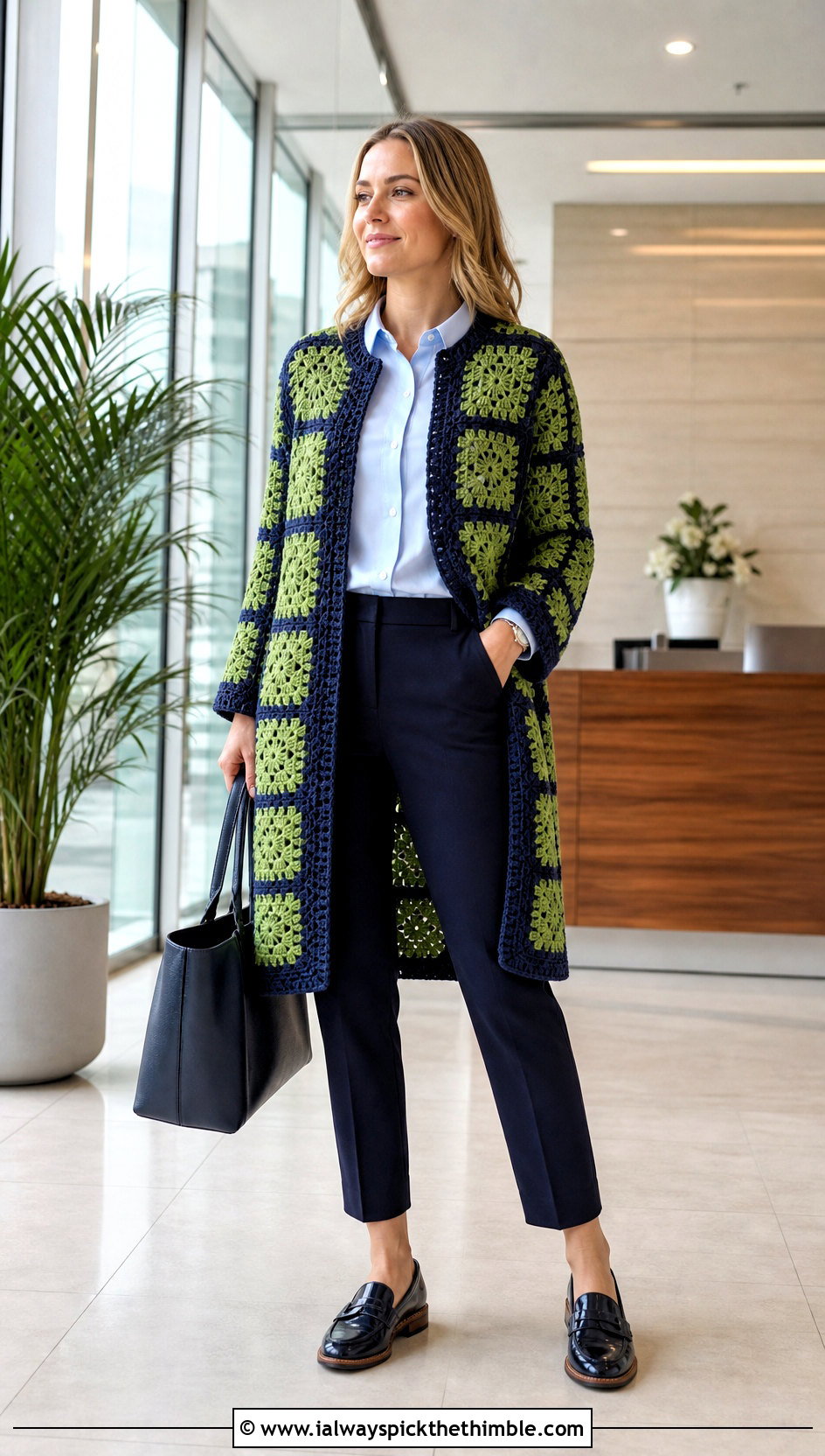 Granny Square Crochet Coatigan With Tailored Trousers - 20 Granny Square Crochet Coat outfit ideas