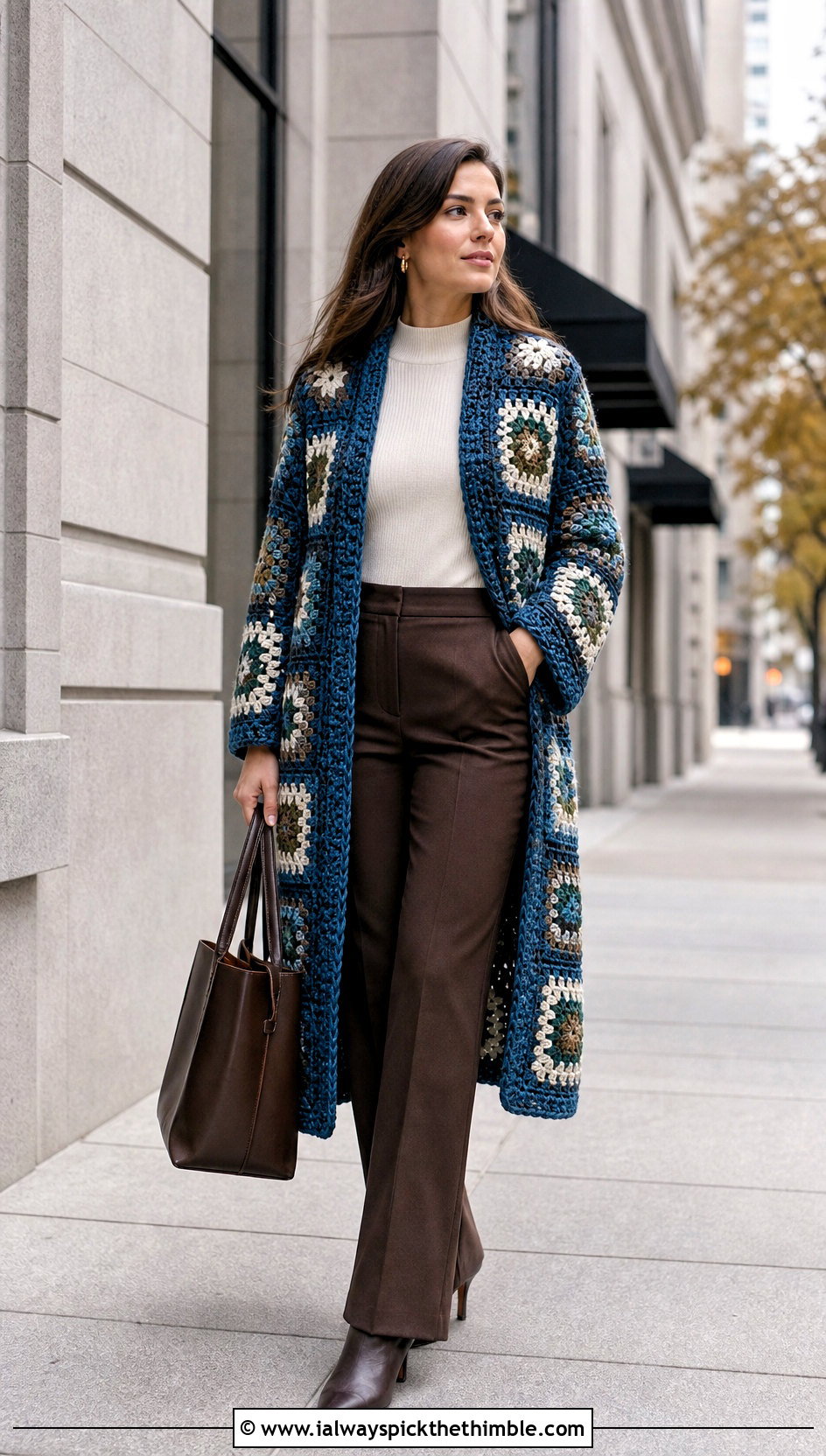 Granny Square Crochet Coatigan With Wool Trousers - 25 granny square crochet sweater outfit ideas