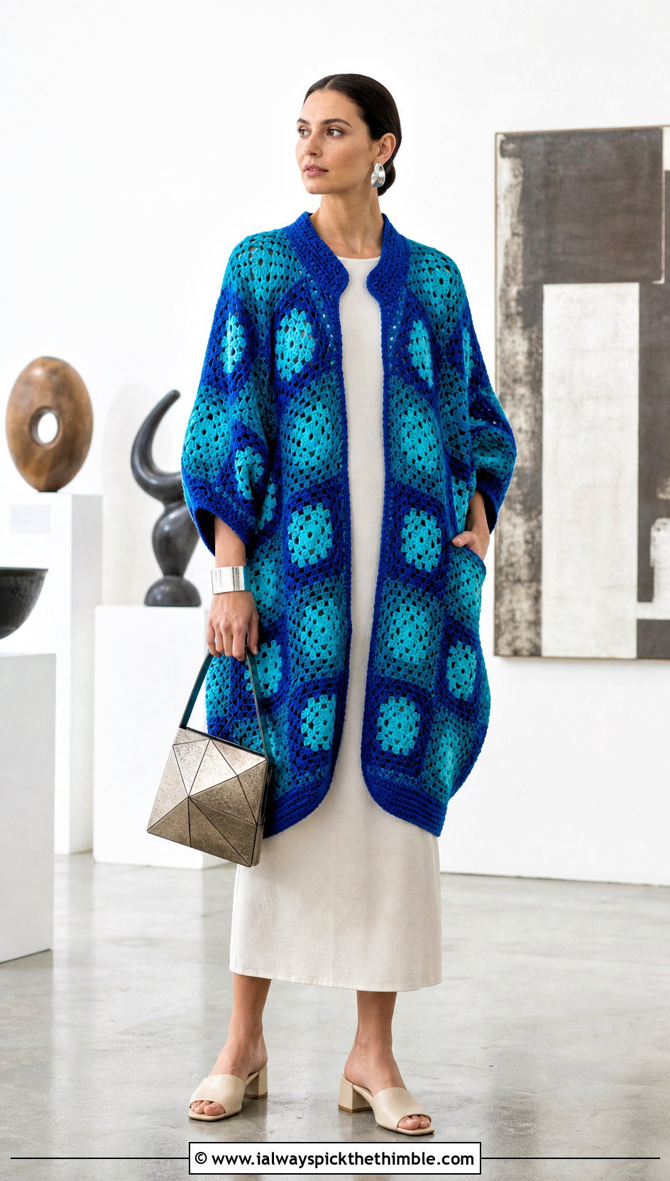 Granny Square Crochet Cocoon Jacket With Column Dress - 15 Granny Square Crochet Coats & Jackets outfit ideas