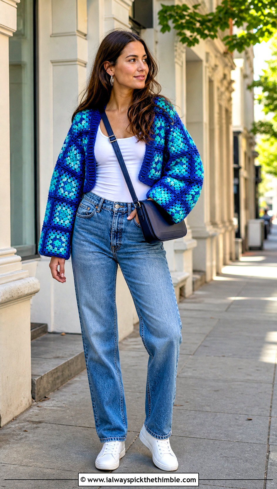 Granny Square Crochet Cocoon Shrug With Straight Leg Jeans - 20 Easy Crochet Cocoon Shrug outfit ideas