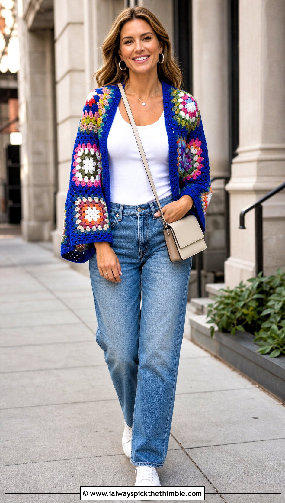 Granny Square Crochet Cocoon Shrug With Straight Leg Jeans - 20 crochet cocoon shrug outfit ideas