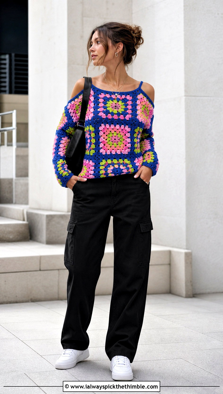 Granny Square Crochet Cold Shoulder Sweater With Cargo Pants - 20 Crochet Cold Shoulder Sweater outfit ideas