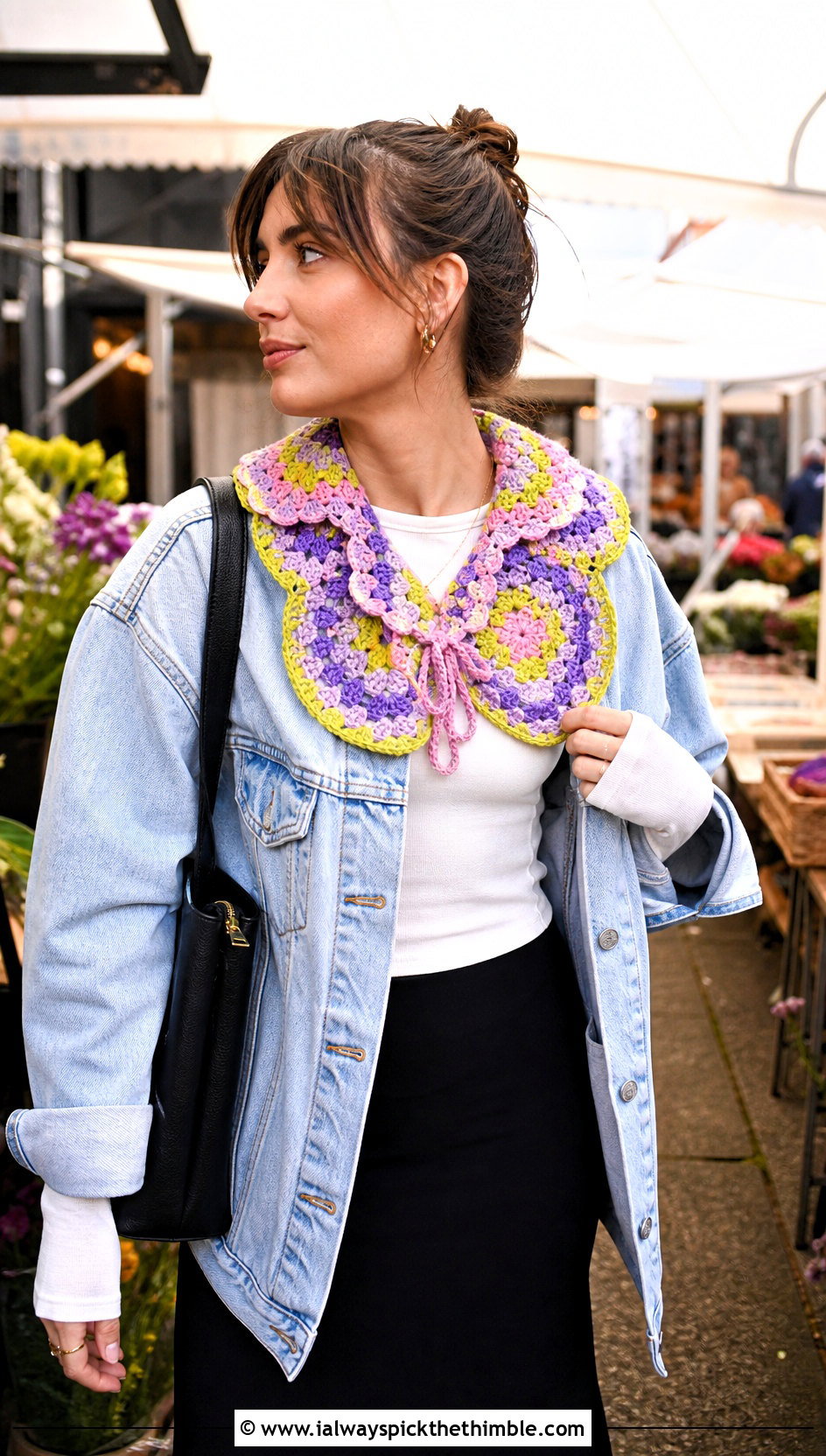 Granny Square Crochet Collar With Denim Jacket And Maxi Skirt - 15 Vintage Crochet Collar Design outfit ideas
