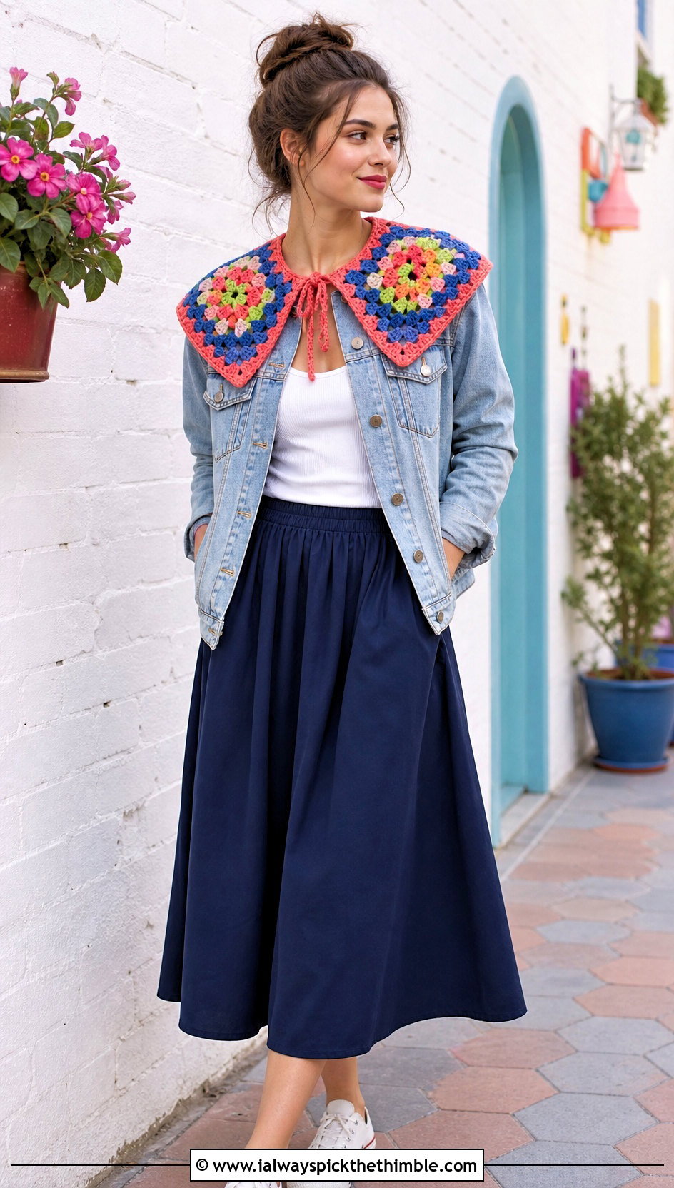 Granny Square Crochet Collar With Denim Jacket And Midi Skirt - 15 beginner crochet collar outfit ideas