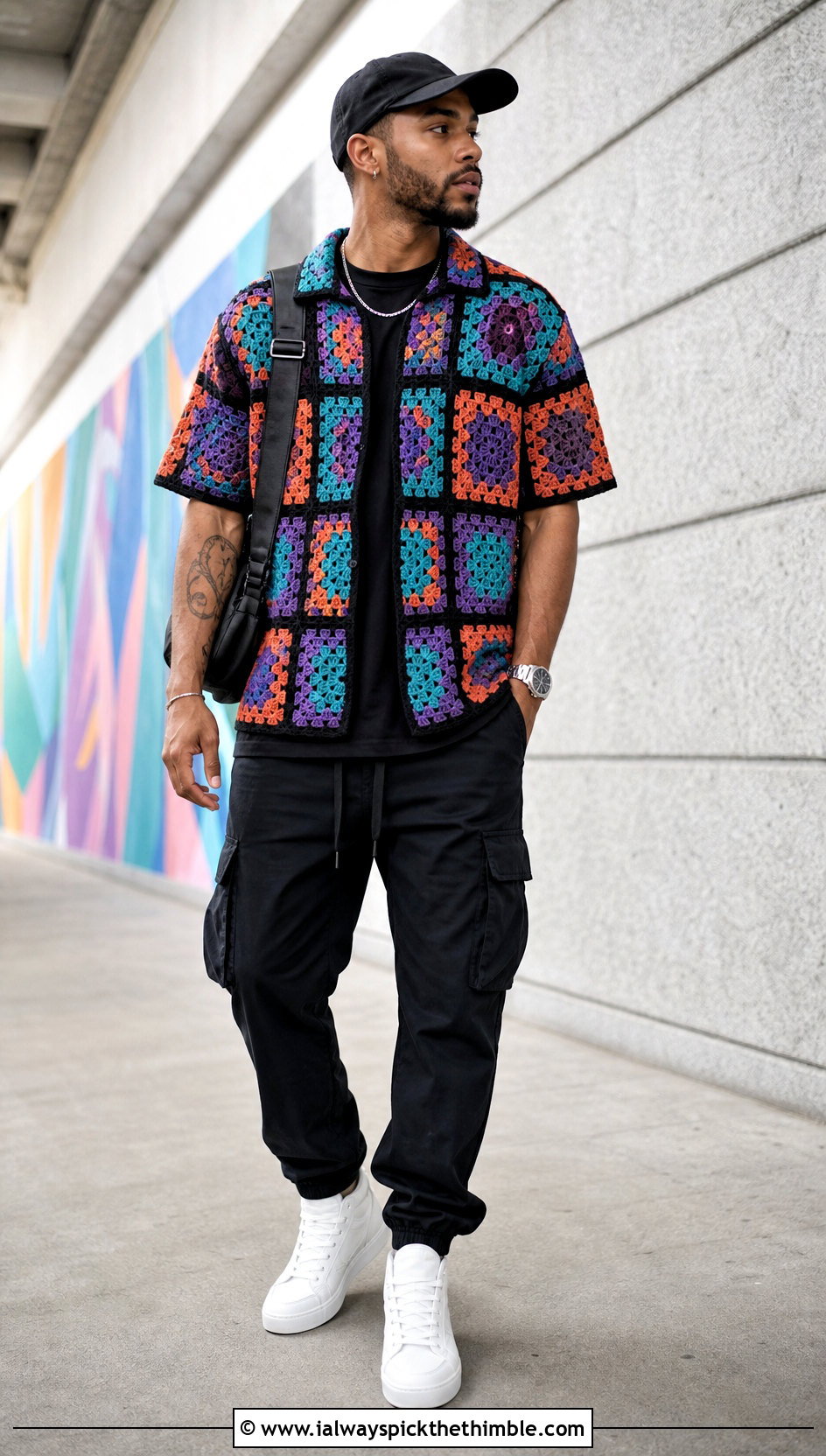 Granny Square Crochet Collared Shirt With Cargo Pants - 15 Mens Crochet Collared Shirt outfit ideas
