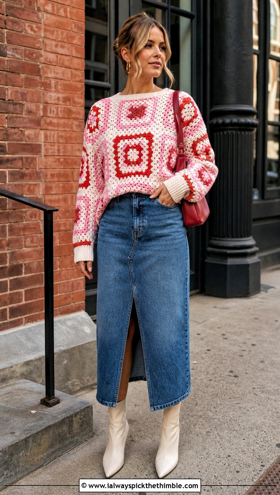 Granny Square Crochet Colorblock Sweater With Denim Midi Skirt - 20 crochet colorblock sweater outfit ideas