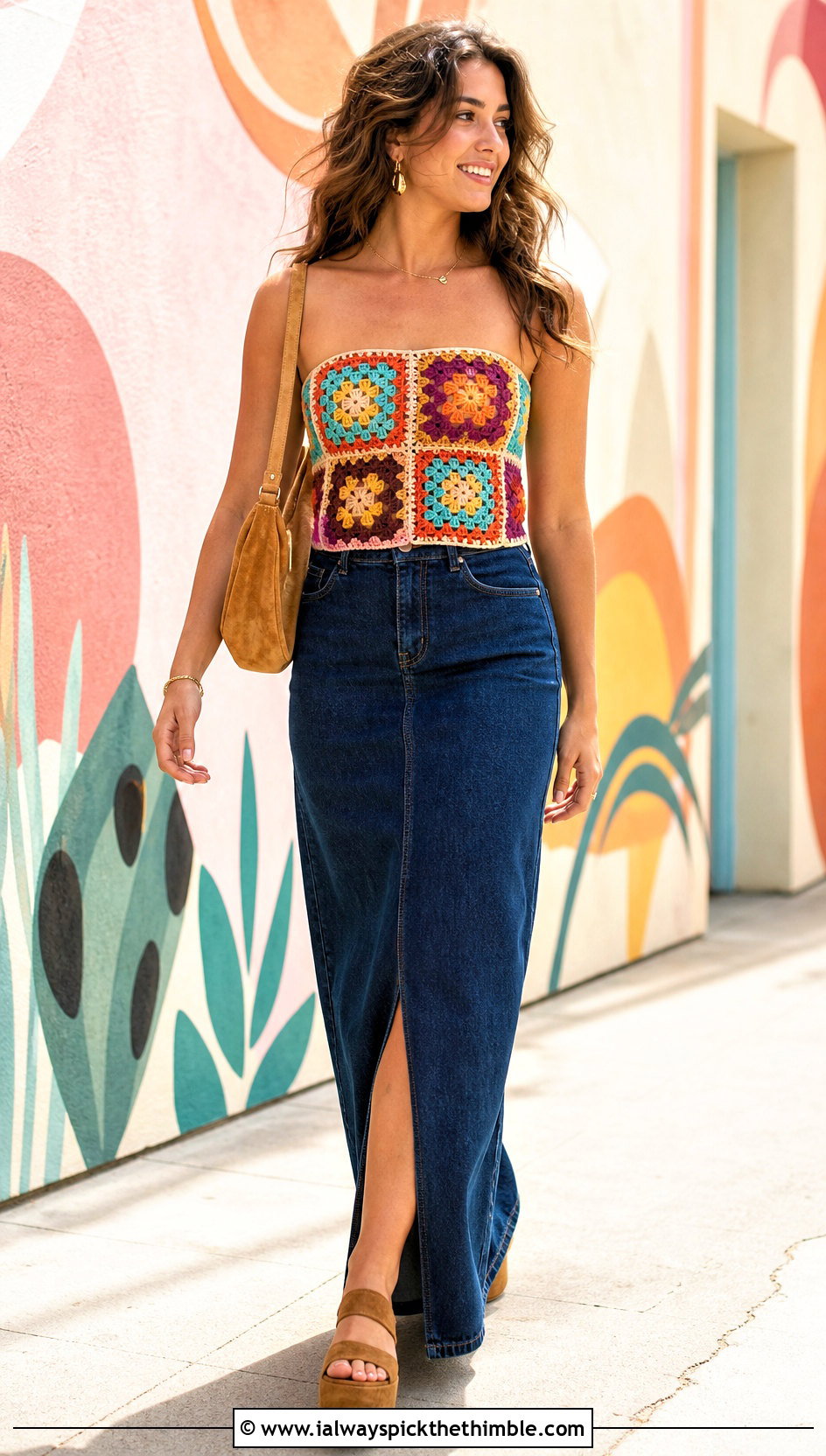 Granny Square Crochet Corset With Denim Maxi Skirt - 20 easy crochet corset outfit ideas