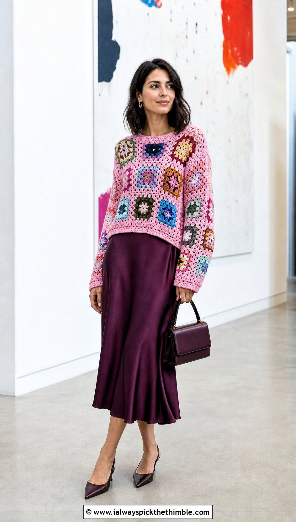 Granny Square Crochet Cotton Jumper With Satin Midi Skirt - 15 Crochet Cotton Jumper outfit ideas