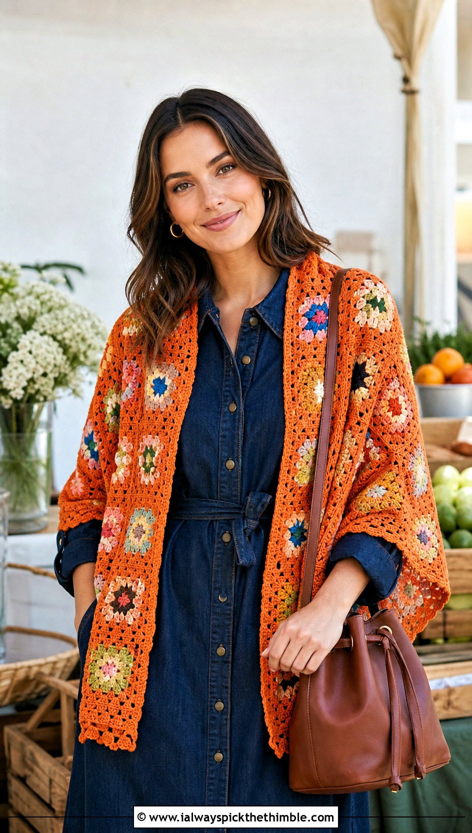 Granny Square Crochet Cotton Shawl With Denim Dress - 15 Crochet Cotton Shawl outfit ideas